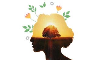 ilustração de uma mulher de perfil com flores e plantas florescendo em sua cabeça como um símbolo de cultivar coisas boas