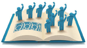 ilustração de pessoas dentro de um livro com as mãos estendidas para cima