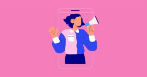 ilustração de uma menina na tela de um celular segurando um megafone