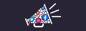 ilustração de um megafone composto por ícones de aplicativos de redes sociais