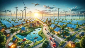 Umacidade futurista com fontes de energia renováveis, como sendo ações que transformam o mundo