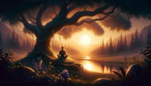 Uma pessoa meditando na natureza, cuidando de sua espiritualidade, como uma ação que transforma o mundo