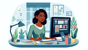 Clipart que mostra uma mulher negra trabalhando como web designer