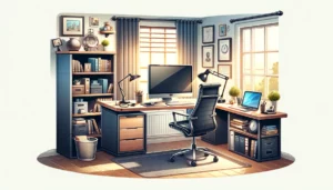 Ambiente de trabalho de um freelancer em home office, com mesa, cadeira e computador