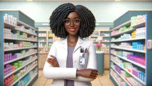 Uma auxiliar de farmácia negra em frente a prateleiras de remédios