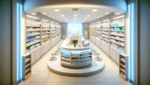 Uma farmácia bem iluminada e organizada