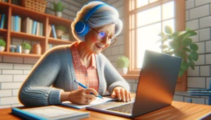 Uma senhora de cabelos brancos olhando sorrindo para o computador enquanto faz um curso de auxiliar de farmácia