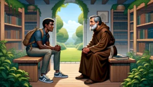 Imagem retrata o monge Simeão e John Daily, personagens centrais de "O monge e o executivo", sentados em uma biblioteca conversando
