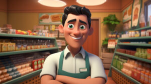 Um operador de loja sorridente está de braços cruzadas em um mercado