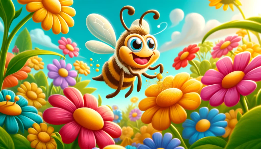 Desenho de uma abelha feliz polinizando flores, ilustrando do que trata o pilar ambiental do ESG