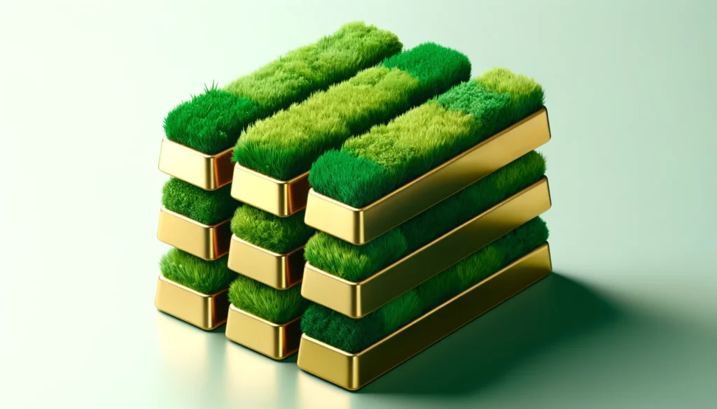Nove barras de ouro "verde", com grama por cima, ilustrando do que trata o pilar ambienta do ESG
