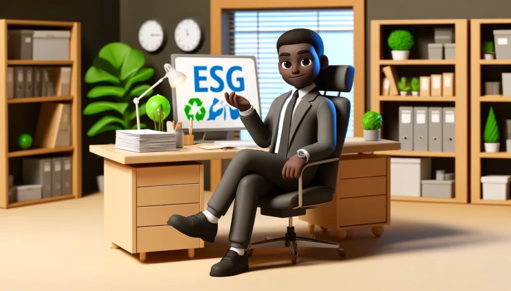 Um homem negro sentado em uma mesa de escritório, representando um gerente que tem sua carreira em ESG