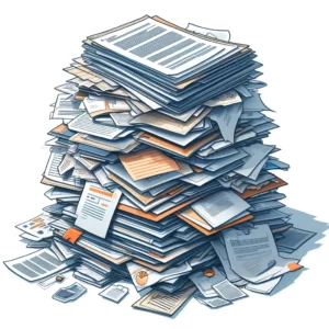 Uma pilha de papel bem grande e bagunçada, precisando urgentemente de ser organizada e gerida