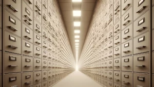 Uma sala bem grande com várias gavetas de arquivos, mostrando o que é gestão de documentos na prática
