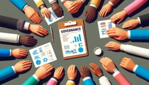 Uma mesa com vários relatórios financeiros e muitas mãos, ilustrando o pilar de governança ESG