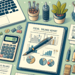 Um balanço fiscal sobre uma mesa de trabalho, com calculadora, caneta e laptop
