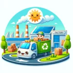 Um caminho de reciclagem e um motorista feliz, levando produtos de volta a uma fábrica, representando o que é logística reversa