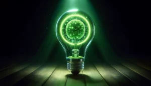 Uma lâmpada que emite luz verde, com uma árvore em miniatura dentro dela