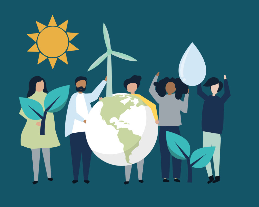 Várias pessoas em torno do planeta celebrando a sustentabilidade e o pilar econômico do ESG