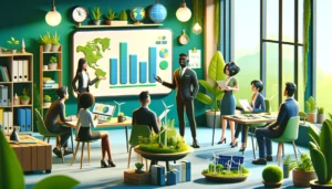 Uma reunião com várias pessoas de uma empresa, mostrando diversidade e inclusão, que é a base do pilar social do ESG
