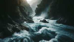 Imagem de um rio agitado, em meio a montanhas