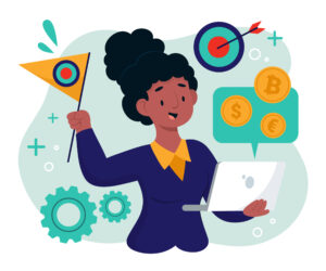 Um clipart de uma mulher negra segurando um computador e uma bandeira. Ela vai elaborar objetivos para seu negócio, buscando aplicar exemplos de metas SMART.